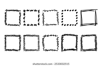 Ten square hand drawn frames and strokes. Doodles and squiggles. Vector set