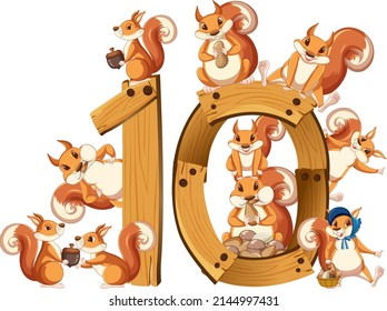 Ten squirrel attached to number ten illustration