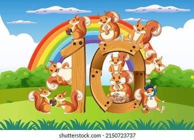 Ten squirrel attached to number ten illustration