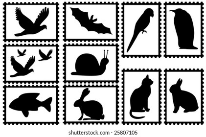 ten stamps with black silhouettes of animals