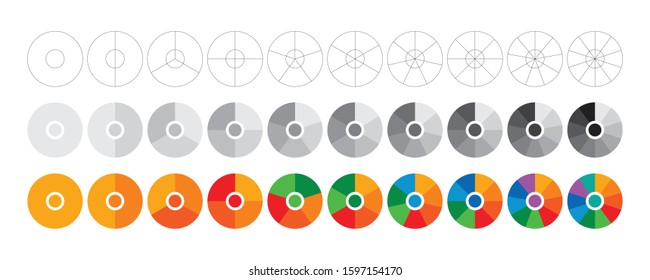 ten step colorful rings. linear, gray and colored circles. ten steps and sliced circles on white background