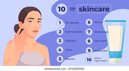 Ten step skincare routine for beautiful skin with cosmetic products. Infographic, poster with beautiful woman. Colorful vector illustration template.