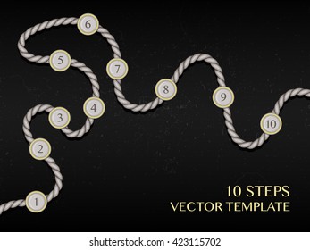 Ten steps infographic. Concept design template, timeline vector chart. Rope line with round platforms. Business strategy plan, workflow, flow layout, step up options, or game process visualization.