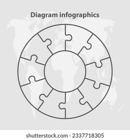 Ten steps puzzle diagram infographic. Business, idea, flow concept. Template silhouette circle for 10 options, parts, processes. Jigsaw timeline info graphic. Can be used for process, presentation