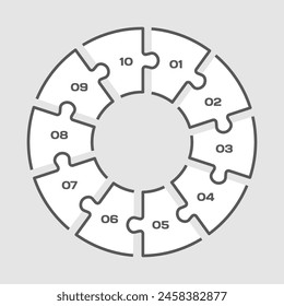 Ten steps puzzle diagram infographic. Business, idea, flow concept. Template silhouette for 10 options, parts, processes. Jigsaw timeline info graphic. Can be used for process, presentation