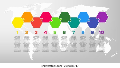 Diez pasos infografía de la línea de rompecabezas. Negocio, idea, concepto de flujo. Plantilla para 10 opciones, partes, procesos. Gráfico informativo de Jigsaw. Se puede utilizar para procesos, presentaciones, diseño, banner, grafo