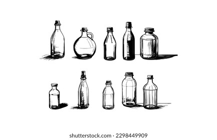 Vector de botella de vidrio de 10 estilos, vectores vintage de botellas de aceites esenciales, botellas de aceites esenciales, vector de botellas de medicina.