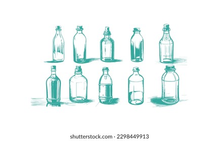 Ten style Glass Bottle Vector, vintage essential oils bottles vector, essential oils bottles, Medicine bottles vector.