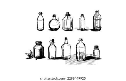 Ten style Glass Bottle Vector, vintage essential oils bottles vector, essential oils bottles, Medicine bottles vector.