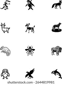 Dez ícones animais estilizados: jacaré, tubarão, raposa, veado, cão, lobo, camaleão, vespa, bisão, coruja, águia, orca.