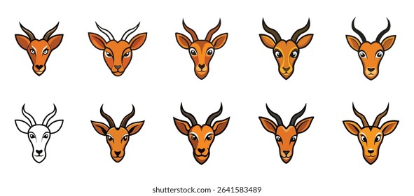 Ten stylized antelope heads in various colors and one outline