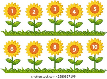 Ten sunflowers with numbers in a grassy field