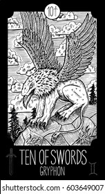 Ten of swords. Gryphon. Minor Arcana Tarot card. Fantasy line art illustration. Engraved vector drawing. See all collection in my portfolio set