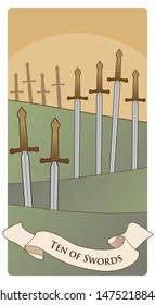 Ten of swords. Tarot cards. Ten swords stuck on the ground in the countryside