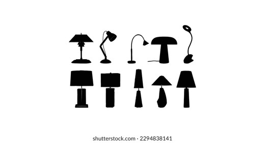 Ten Table light silhouette, lamps Flat style vector illustration. Black light, lamp silhouette set, lamps set.