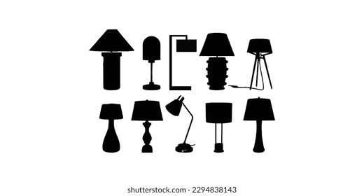 Ten Table light silhouette, lamps Flat style vector illustration. Black light, lamp silhouette set, lamps set.