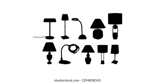 Ten Table light silhouette, lamps Flat style vector illustration. Black light, lamp silhouette set, lamps set.