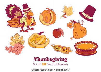Ten Thanksgiving Design Elements. Turkey pumpkin corn pie grapes. Plenty cornucopia abundance