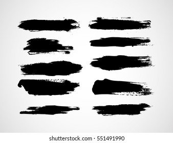 Ten thick black drawn ink brush strokes in vector