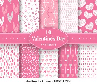 Ten trendy love patterns. Romantic backgrounds for Valentines or wedding day. Endless texture for wallpaper, web page, wrapping paper. Scrapbooking, print, gift wrap