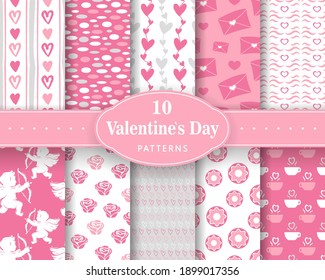 Ten trendy love patterns. Romantic backgrounds for Valentines or wedding day. Endless texture for wallpaper, web page, wrapping paper. Scrapbooking, print, gift wrap