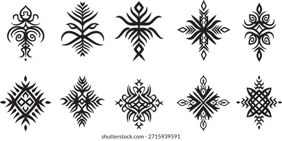 Diez diseños tribales con estructuras en forma de hojas y pétalos dispuestas en Formas simétricas de cruz y diamantes.