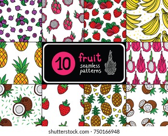 Ten tropical fruit seamless pattern collection. Nice bright sweet backgrounds.