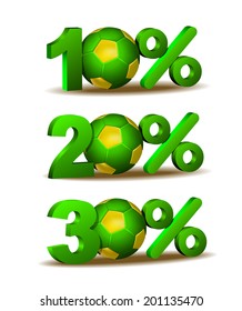 Ten, Twenty and thirty percent discount icon with Brazil soccer ball