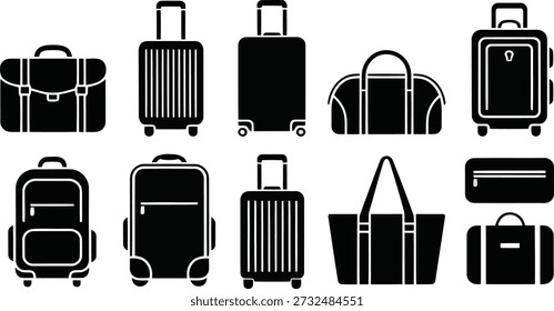 Ten unique black vector icons illustrating a broad spectrum of luggage and bag types for travel and business needs.