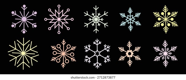 Diez iconos estilizados únicos del copo de nieve renderizados en colores pastel suaves flotan contra un fondo negro profundo que ofrece un elemento gráfico versátil perfecto para los diseños de las vacaciones de invierno y la marca de temporada