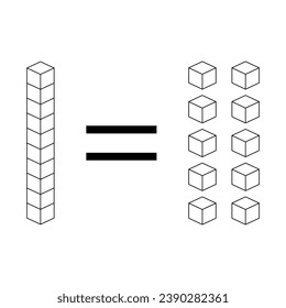Zehn Einheiten sind gleich einer Stange. Lernen Sie über Basis-zehn Blöcke. Flats sehnt sich nach Plätzen in Mathematik. Wissenschaftliche Ressourcen für Lehrer und Studenten. Vektorgrafik.