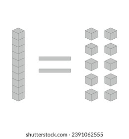 Diez unidades equivalen a una vara. Aprendiendo sobre la base de diez bloques. Las latas ansían cuadrados en matemáticas. Recursos científicos para profesores y estudiantes. Ilustración vectorial.