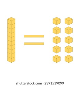 Ten units equal one rod. Learning about base ten blocks. Flats longs squares in mathematics. Scientific resources for teachers and students. Vector illustration.