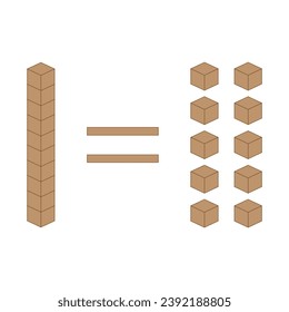 Ten units equal one rod. Learning about base ten blocks. Flats longs squares in mathematics. Scientific resources for teachers and students. Vector illustration.