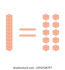 Ten units equal one rod. Learning about base ten blocks. Flats longs squares in mathematics. Scientific resources for teachers and students. Vector illustration.