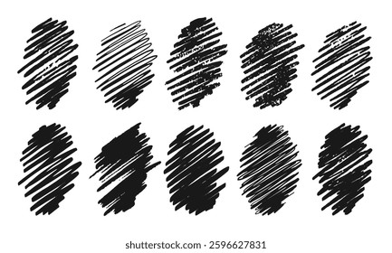 Ten variations of hand-shading with various art materials. Doodles and squiggles. Vector set