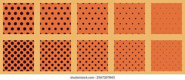 Ten variations of a stylish orange and dark brown polka dot pattern. Perfect for textile design, website backgrounds, or any project needing a retro or playful aesthetic.