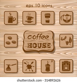 Ten vector coffee  icon on a wooden background