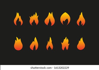 ten vector icons of a fire in orange and yellow gradient on black background