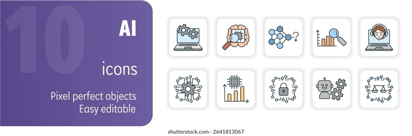 Ten vector icons representing concepts related to artificial intelligence, machine learning, deep learning, neural networks and data science