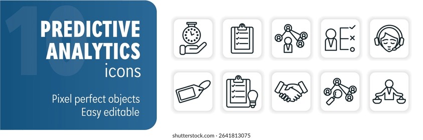 Ten vector icons representing concepts related to predictive analytics, suitable for websites and presentations