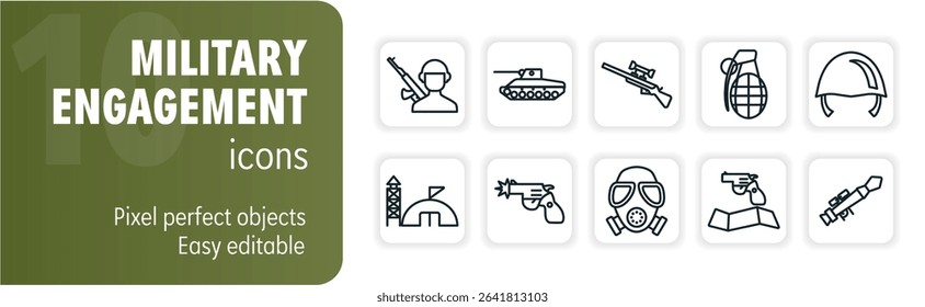 Ten vector icons representing military engagement, perfect for projects related to war, army or conflict