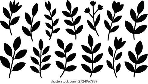 Ten versatile black plant and leaf outlines, perfect for creating patterns, borders, or adding a natural touch to projects.