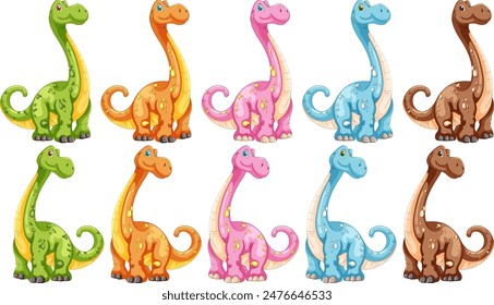 Ten vibrant dinosaurs in various colors and poses