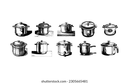 Ten Vintage Pressure cooker vector illustration.