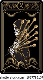 Ten of wands. Card of Minor arcana black and gold tarot cards. Tarot deck. Vector hand drawn illustration with occult, mystical and esoteric symbols.