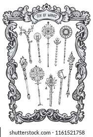 Ten of wands. Minor Arcana tarot card. The Magic Gate deck. Fantasy engraved vector illustration with occult mysterious symbols and esoteric concept