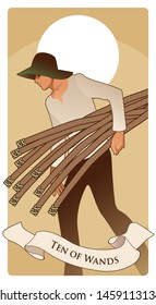 Ten of wands. Tarot cards. Young man with hat, carrying ten sticks, with the sun in the background.