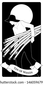 Ten of wands. Tarot cards. Young man with hat, carrying ten sticks, with the sun in the background.