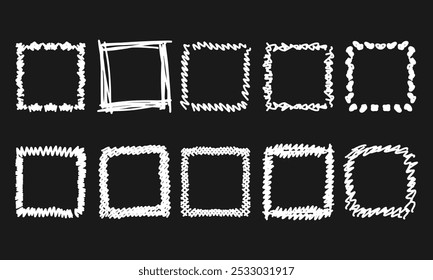 Ten white square hand drawn frames and strokes on black background. Doodles and squiggles. Vector set